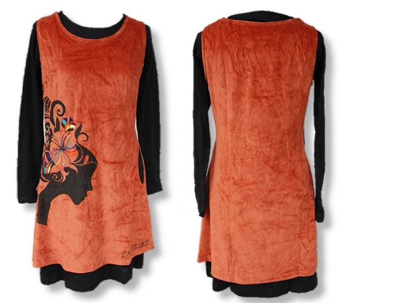 Kjole med brodert ansikt, Brent orange. Kun small